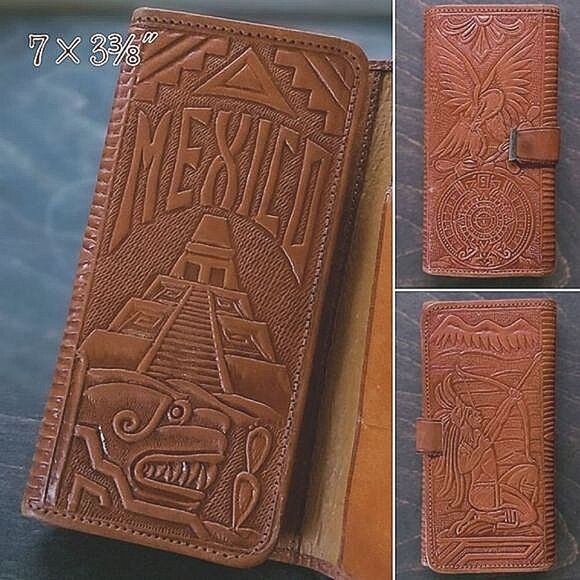Vtg Mexican hazel tooled leather trifold clutch wallet - Picture 1 of 10